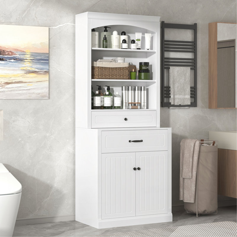 White Bathroom Storage Cabinet With Four Doors, Drawers, Adjustable Shelf & Six Open Shelves – Durable MDF Construction, Combo