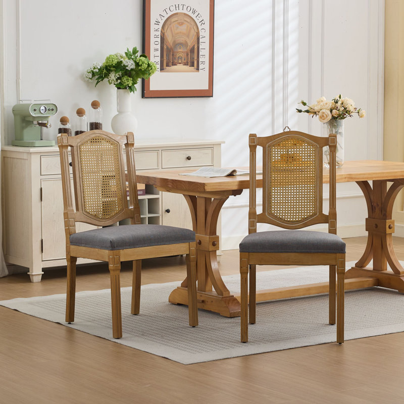 Marion Full Solid Wood Dining Chair with Rattan-Back, Gray