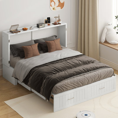 Murphy Cabinet Bed, Queen Size Murphy Bed With Tri-folding Mattress And Usb Charging Ports, Modern Foldable Guest Bed With Large Storage Drawer For Li by Red Barrel Studio