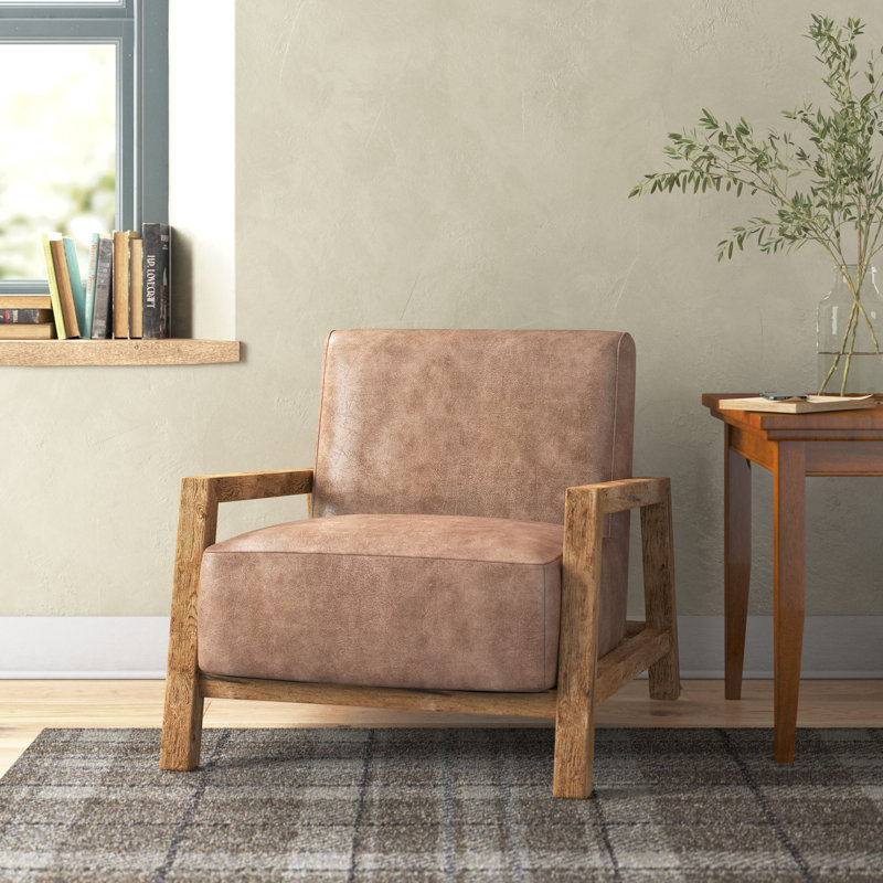 Zurich Kaleo 28.5" Wide Low Profile Faux Leather Upholstered Accent Armchair with Solid Wood Frame, Taupe Faux Leather