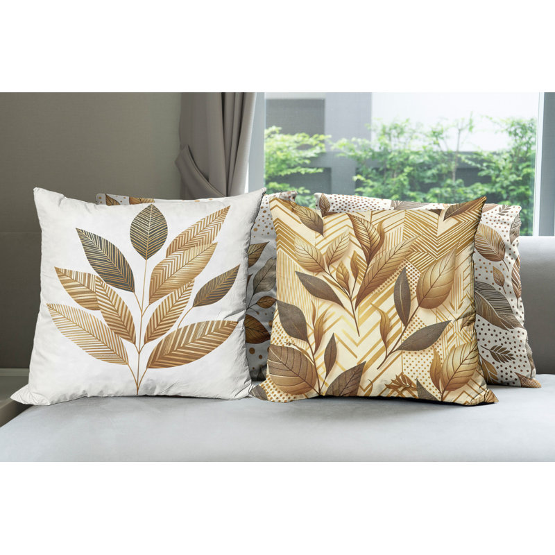 Ginger Brown and Cream Leaf Print Polyester Pillow Covers, 20" x 20", Set of 4