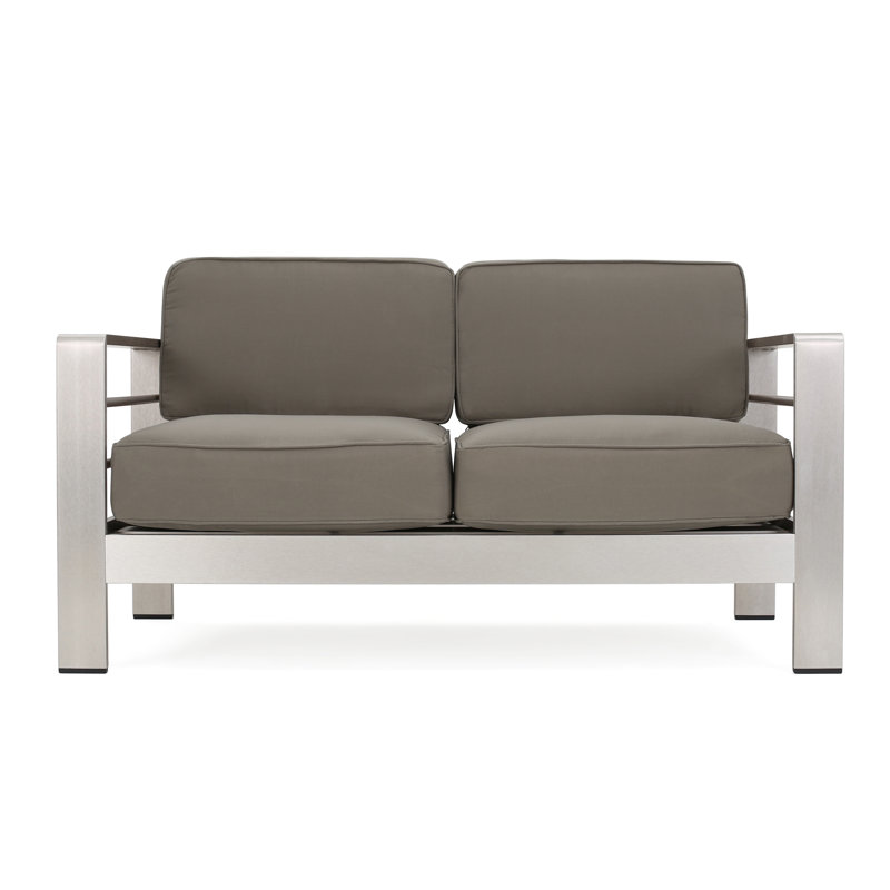 56.75'' Metal Outdoor Loveseat with Cushions, Khaki, Silver