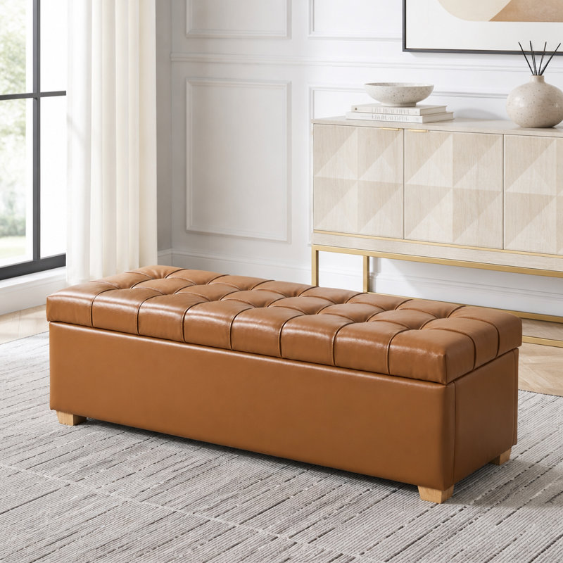 Banc de rangement rembourré en polyuréthane de 60,2 po de large avec repose-pieds capitonné avec repose-pieds, Brown