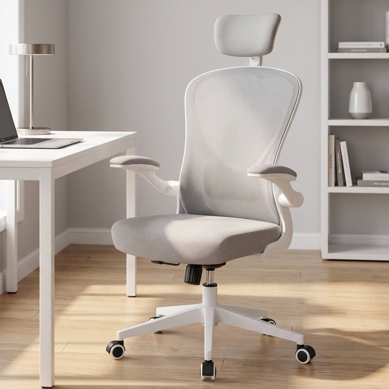 Chaise de bureau ergonomique en filet avec appui-tête réglable, accoudoirs relevables à 90 °, chaise de bureau pivotante à base en métal
