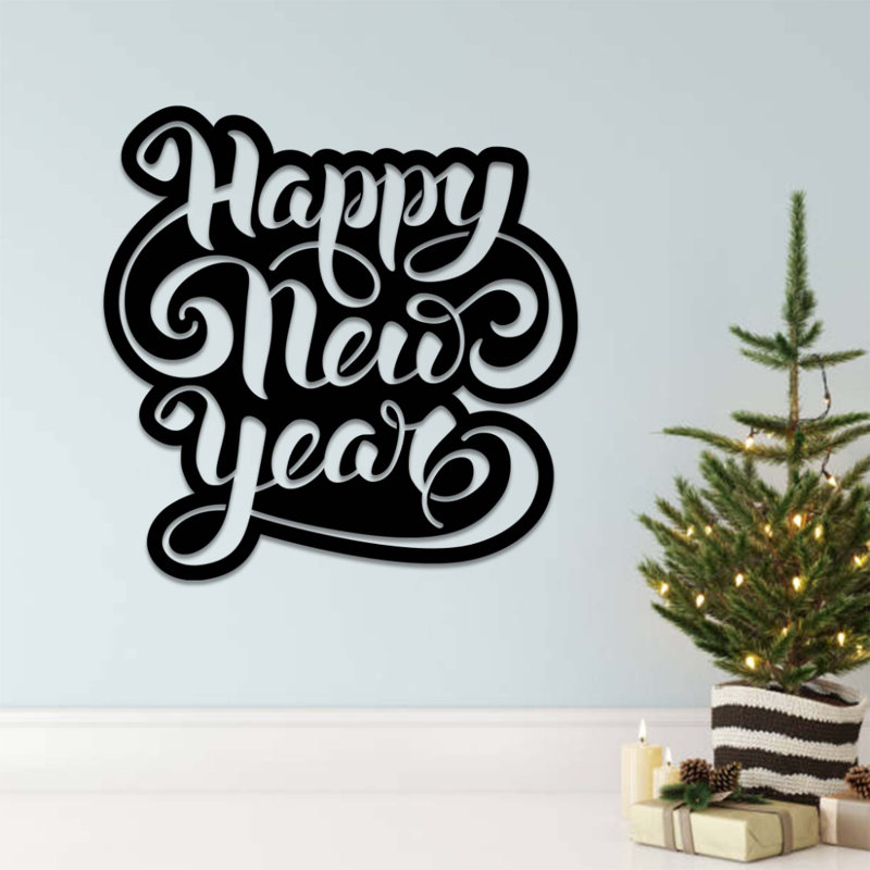 «Happy New Year Script», art mural en métal - décor de célébration festive - signe de nouvel an de style calligraphie moderne - Tenture murale minimaliste - Sculpture industrielle en métal - Décoration saisonnière - Pièce d'art audacieuse