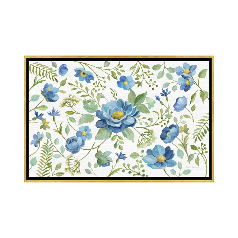 «Botanical Blue I» par Silvia Vassileva - impression d'art graphique, Pas de tapis, Toile encadrée d'or