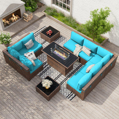 Mecayla 8-Person Rattan Set with Fire Pit Table, 2 Coffee Tables by Latitude Run