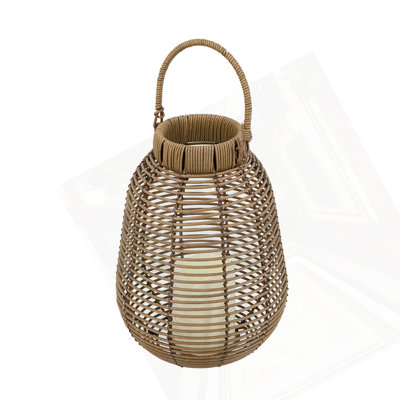 7.9X7.9X10.6" Brown Poly Rattan Lantern With White LED Candle