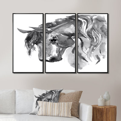 Black And White Horse Portrait I - 3 Piece Floater Frame Painting on Canvas