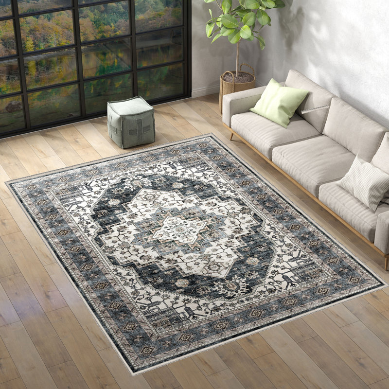 Tapis rectangulaire Chemesh avec envers antidérapant, Rectangle 8 pi x 10 pi, Bleu