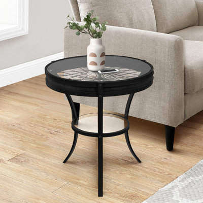Accent Table, Side, End, Nightstand, Lamp, Round, Clear Tempered Glass, Black Metal, Transitional