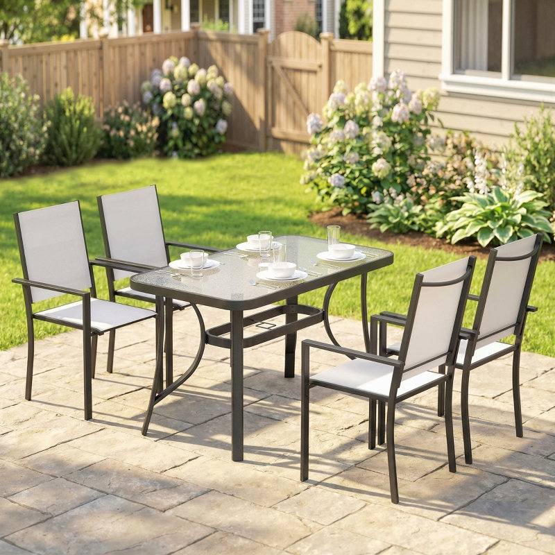 4 Seater Grey Garden Dining Set, Rectangular Glass Top Table with Parasol Hole and 4 Stackable Chairs, Texteline and Steel Patio Furniture