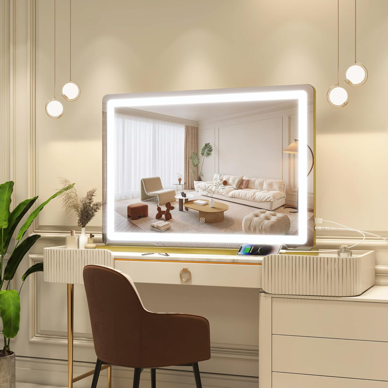 Miroir de salle de bain lumineux avec capteur tactile, 3 modes d'éclairage couleur, luminosité réglable, grossissement 10X, port de charge USB, grand miroir de maquillage pour bureau de coiffeuse