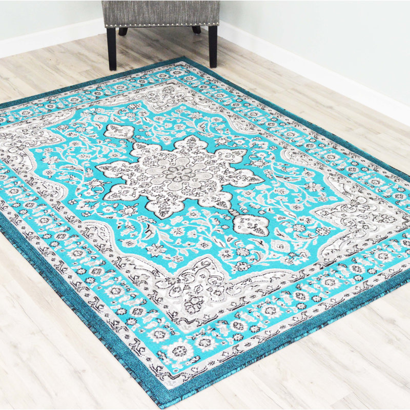 Tapis turquoise/gris oriental Crediton, Rectangle 8 pi x 10 pi 5 po