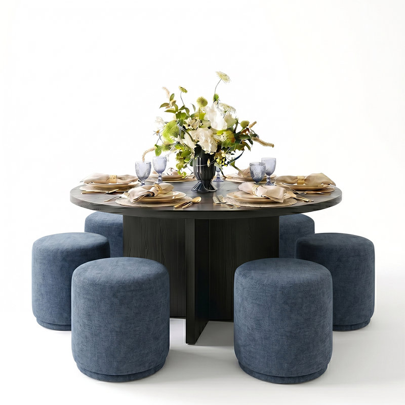  Ensemble de salle à manger rond avec 6 tabourets rembourrés, Noir, Bleu