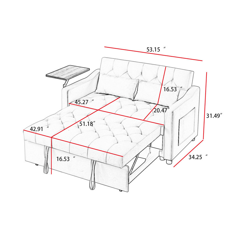 Multifunctional Sofa Bed with Swivel Side Table, Gray Velvet
