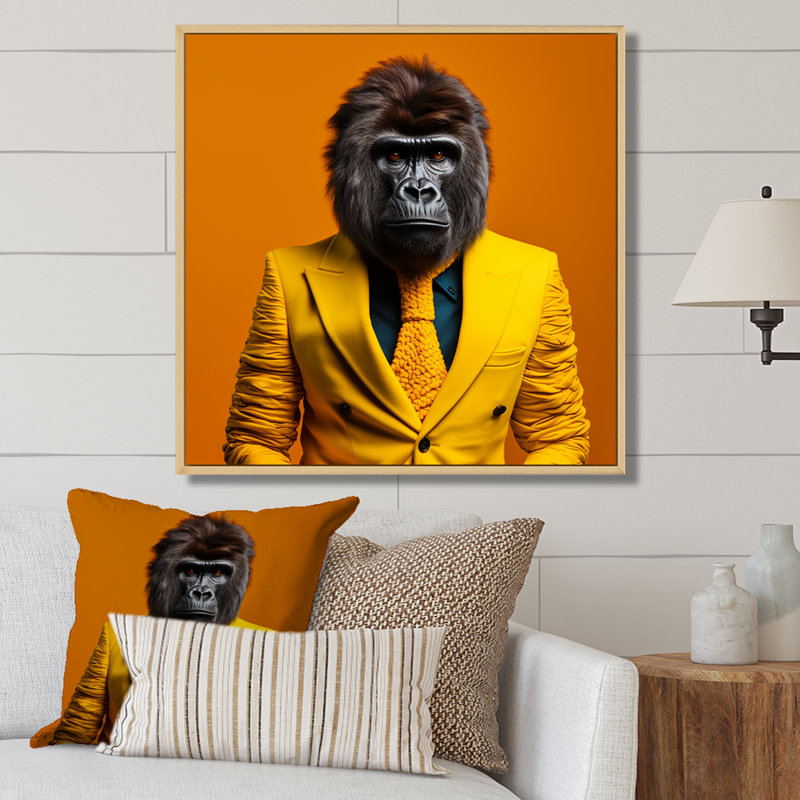 Jaune gorille en costume II - art mural gorille, Cadre flottant brun, H 30 po x l 30 po x P 1,5 po