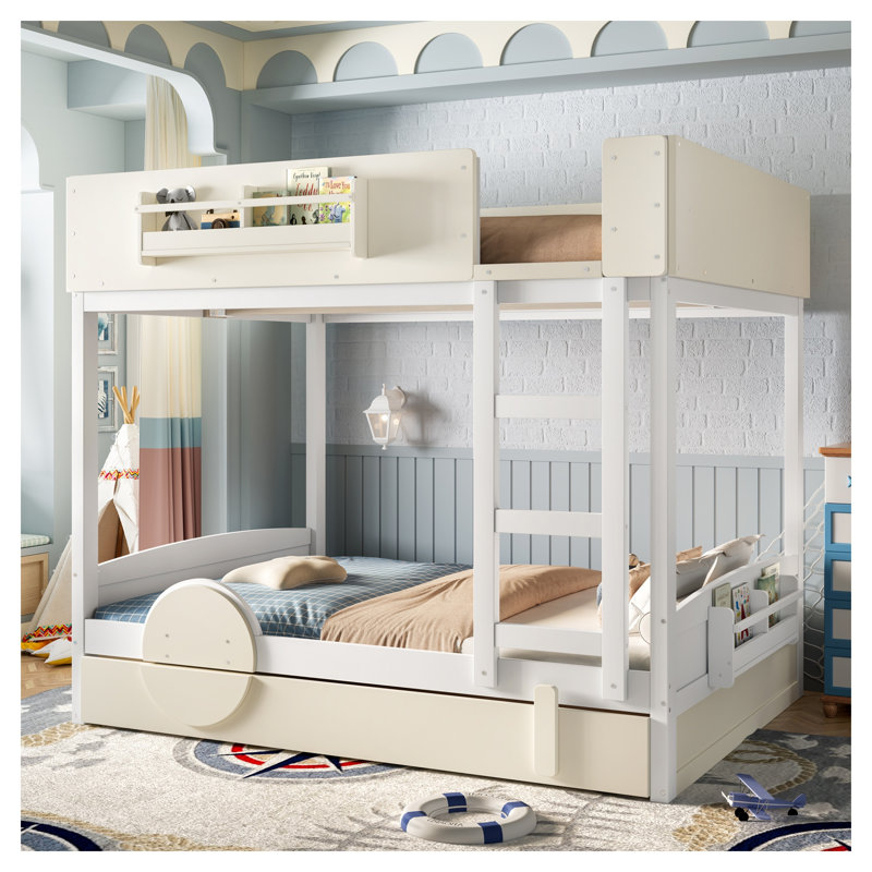 Lit superposé double avec lit gigogne, structure en bois de style automobile beige et blanc