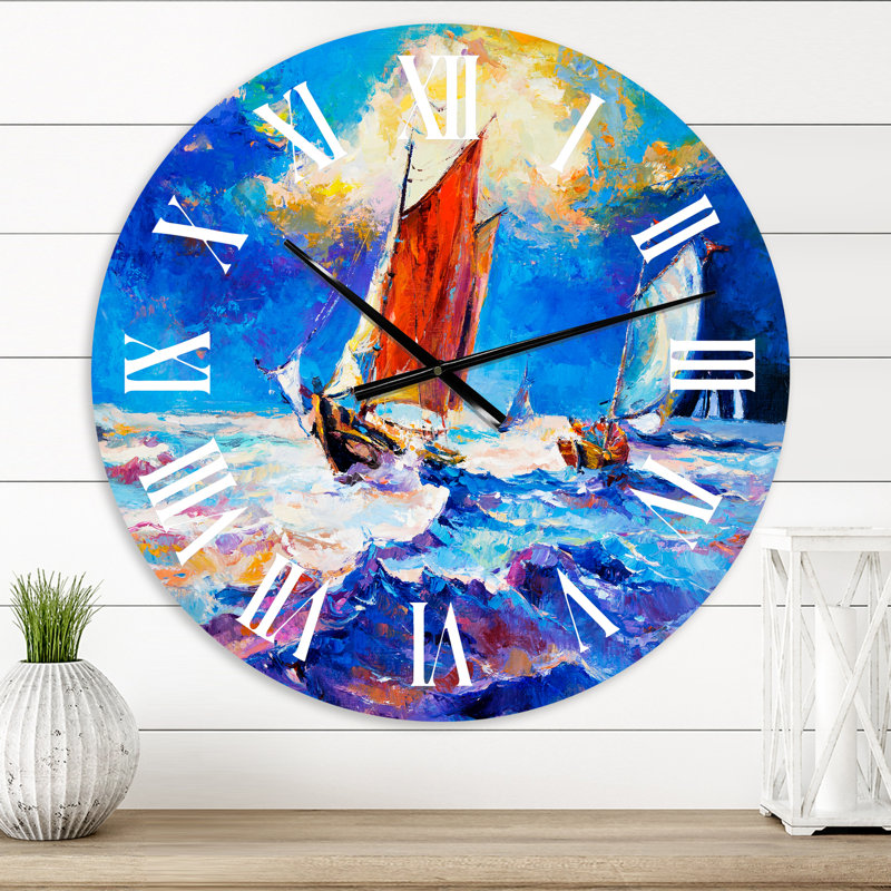 Voiliers sur les vagues de l'océan au coucher du soleil - Horloge murale nautique et côtière, Petit