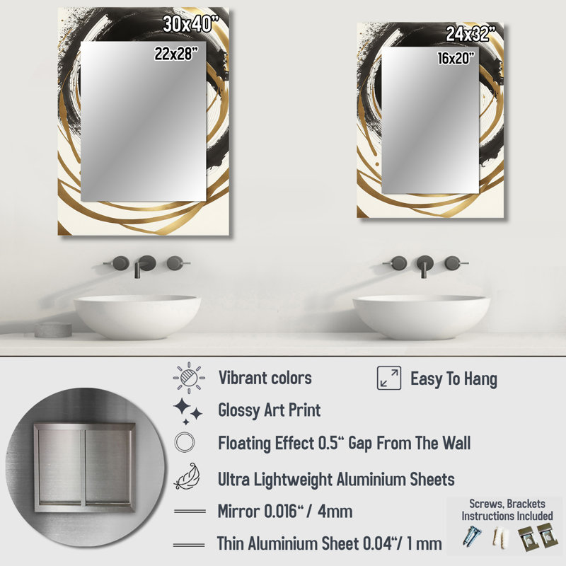 «Black and Gold Curves III - Abstract Spirals», miroir mural noir, 32 po x 24 po