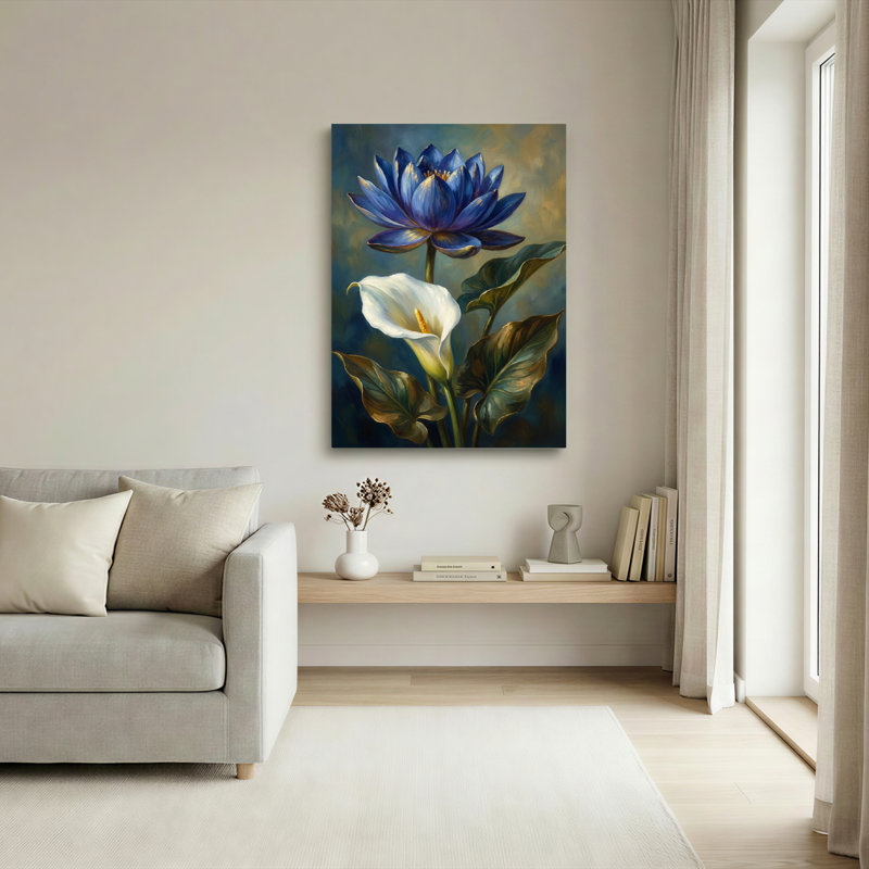 Tableau mural sur toile tendue à motif floral de lotus bleu et de lys calla blanc, H 24 po x l 16 po