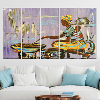 Authentic Nigerian Decor: African Woman Cooking Printed Canvas Artwork,5P Wrapped Canvas