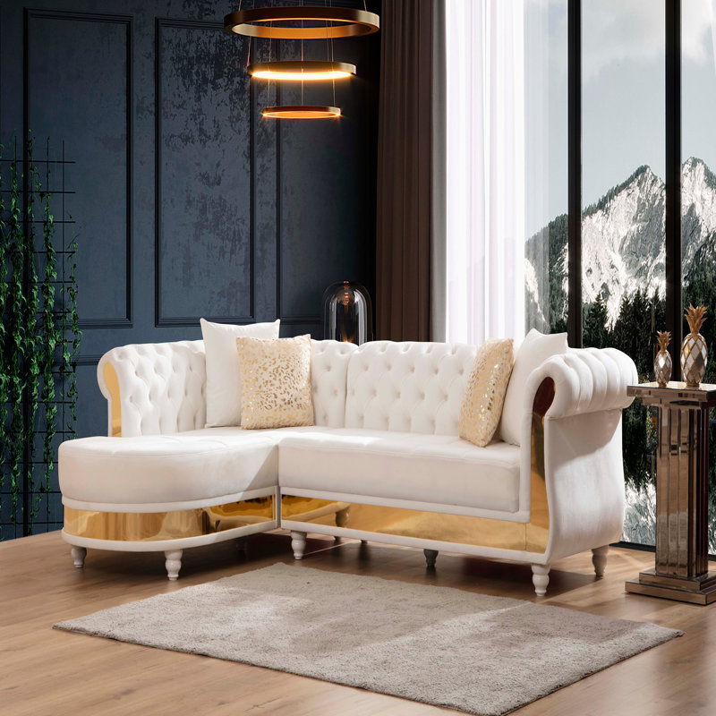 Canapé modulaire en bois capitonné doré, Velours beige, Beige