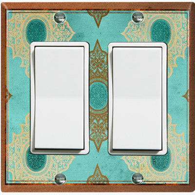 Elegant Damask Teal Crest 2 - Gang Toggle Light Switch Standard Wall Plate