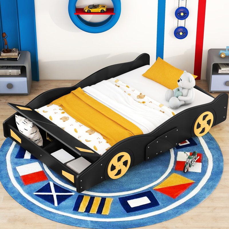 Comfortable Race Car Storage Bed With Strong Build And Functional Design Wood Aesthetic, Black, Full