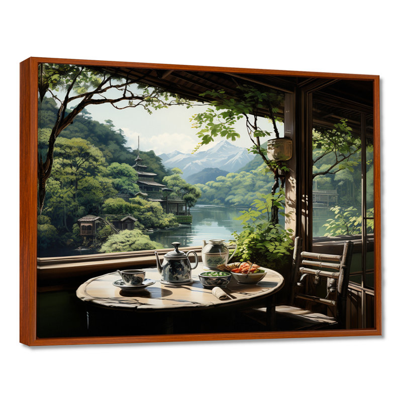 Art japonais, maison de thé Serenity - Art mural japonais, H 34 po x l 44 po x P 1,5 po, Brown Floater Framed