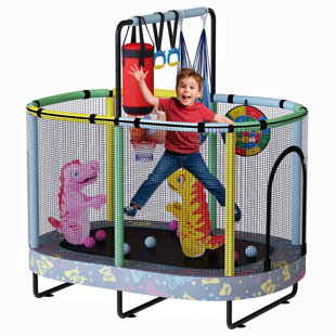 60" Oval Trampoline For Kids, 5 Ft Indoor & Outdoor Toddler Trampoline With Safety Enclosure, Adjustable Gymnastics Bar, Swing & Toys For Aged 1-8