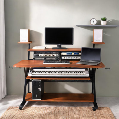 Music production desk for home studio, brown/black, with keyboard tray and speaker shelves, 67 inches wide