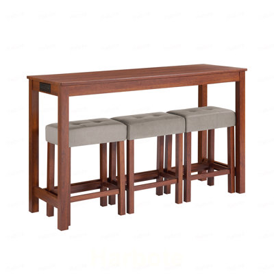 59 Inch Bar Table, Dining Table, Sofa Table with Power Outlet, 3 Upholstered Stools, 4 Piece Bar Table and Chair Set for Living Room, Dining Room, Kitchen