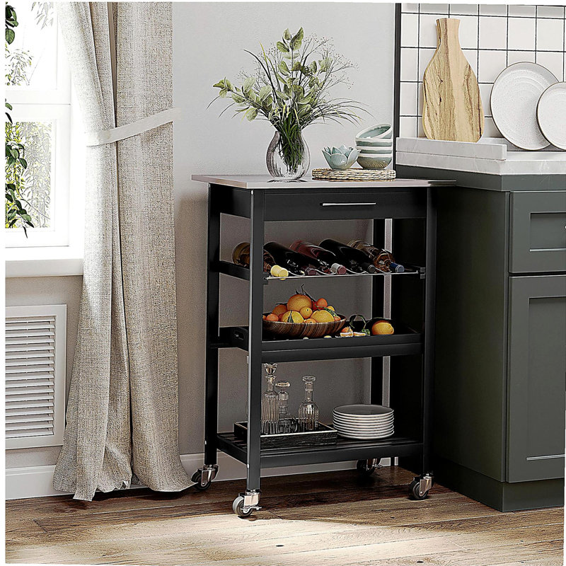Chariot d'îlot de cuisine en acier inoxydable avec comptoir, porte-bouteilles et tiroir, chariot de service pratique