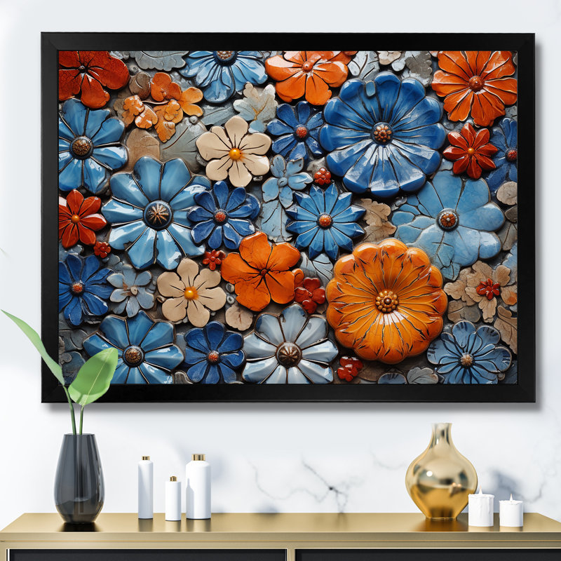 Floral bohème bleu et orange mosaïque 1 - Boho mosaïque murale, Cadre d'angle fermé noir, H 30 po x l 40 po x P 1,5 po