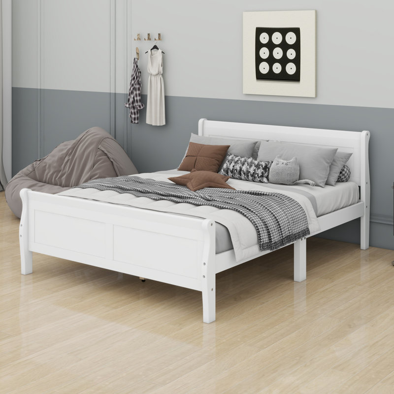 Lit plateforme avec tête de lit et lattes en bois, Blanc