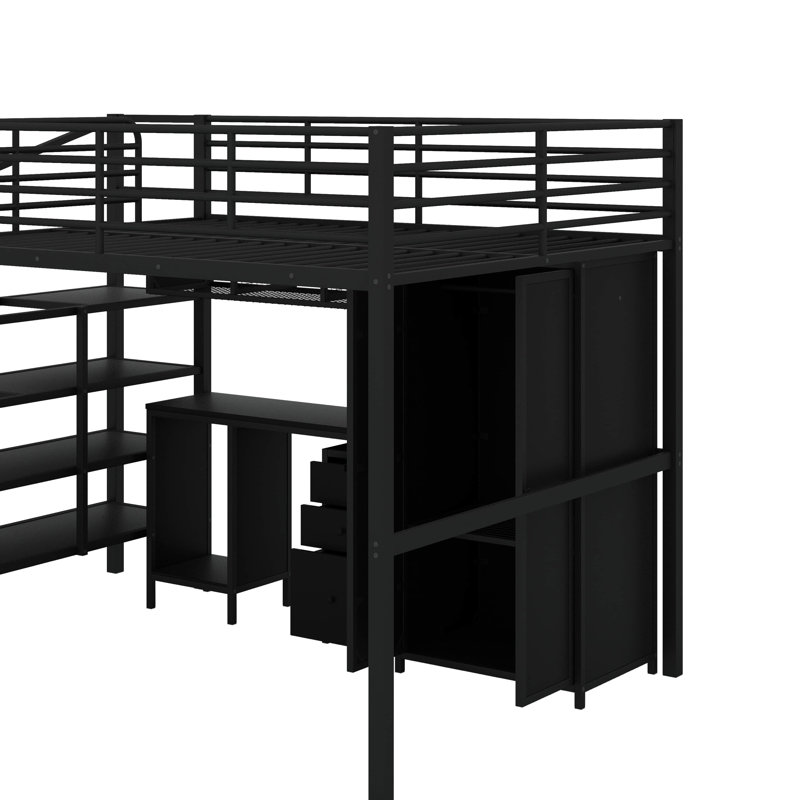 Lit mezzanine double en métal avec garde-robe et table