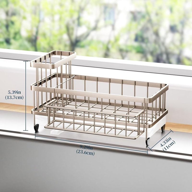 Sponge Holder- Auto Draining Sink Caddy Organizer with Detachable Rack, High Brush Holder, Kitchen Countertop Storage Accessories, Sand Nickel