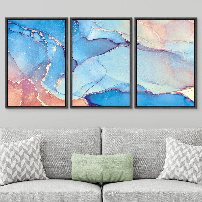 " Blue And Pink Watercolor Collage Abstract Shapes Illustrations Modern Art Chic Multicolor " 3 - Pieces, Noir