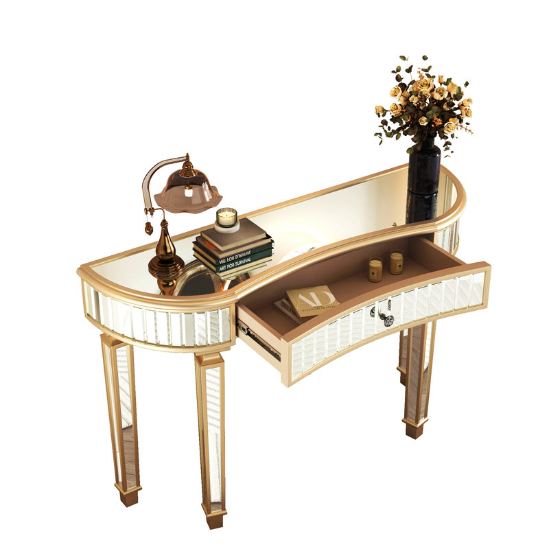 47" Half-Moon Mirrored Console Table With Fluted Glass & Crystal Knob Drawer, Golden/Silver