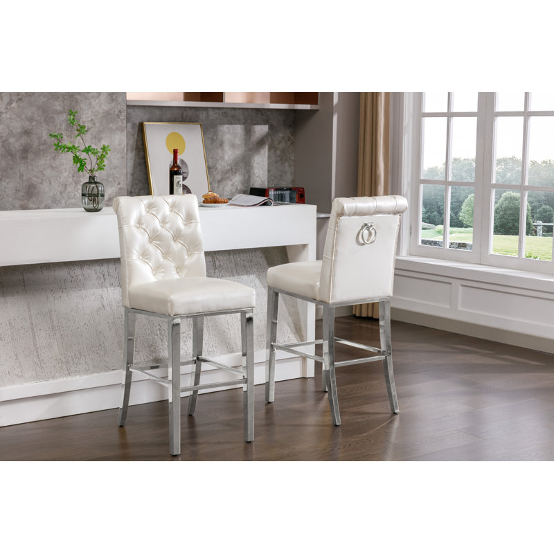 Kaarle Upholstered Counter Stool with Metal Frame, Bar Stool (29" Seat Height), White Seat/Silver Frame