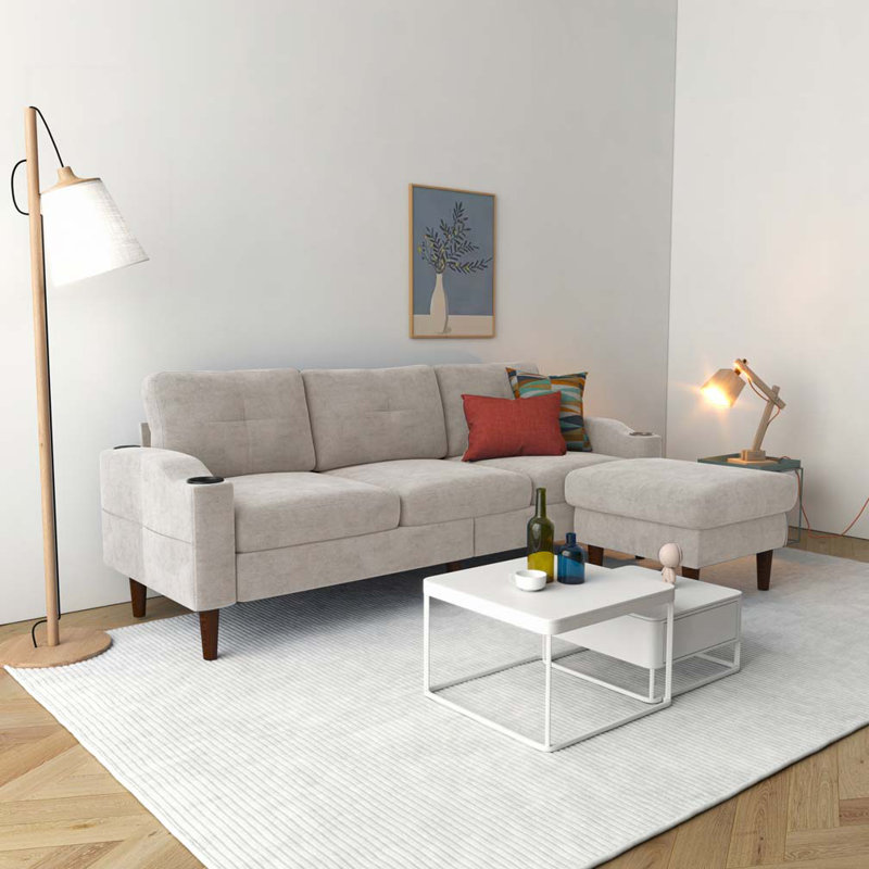 Canapé 3 places en L avec repose-pieds, Beige