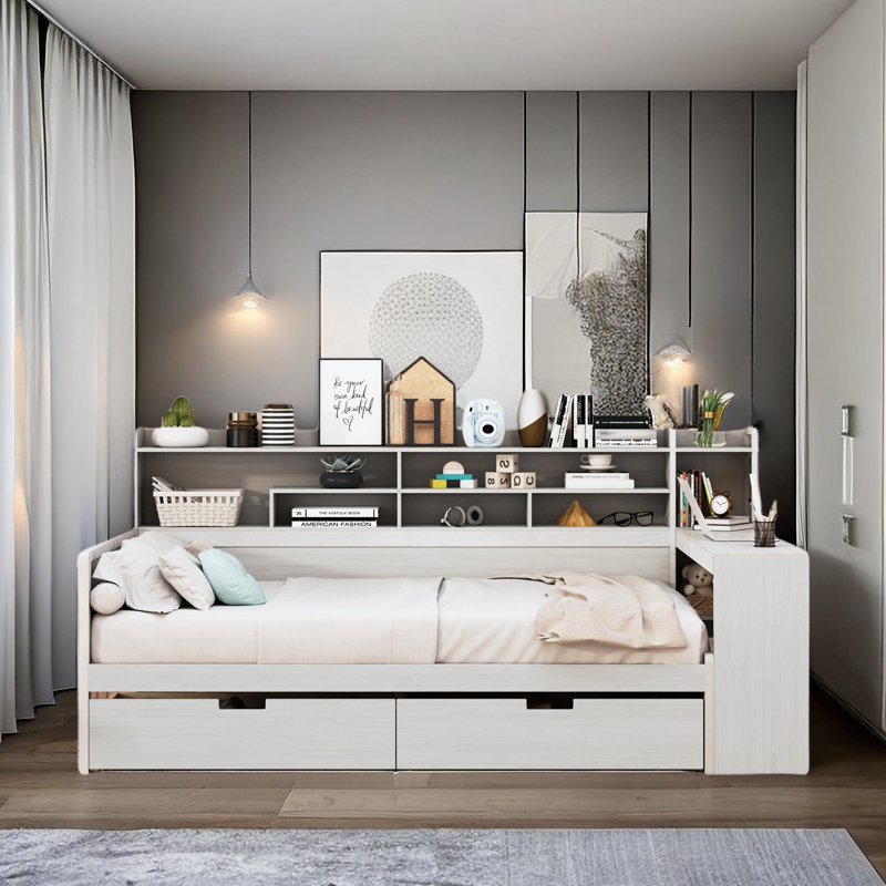 Multi-Functional Bed With Two Storage Drawers And Study Desk, Full, Antique White