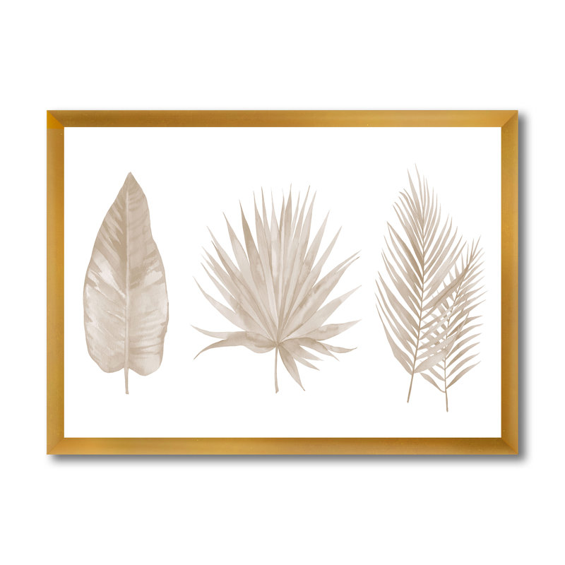 «Tropical Beiges Leaves», reproduction sur toile encadrée, H 30 po x l 40 po x 1,5 po, Encadrement doré