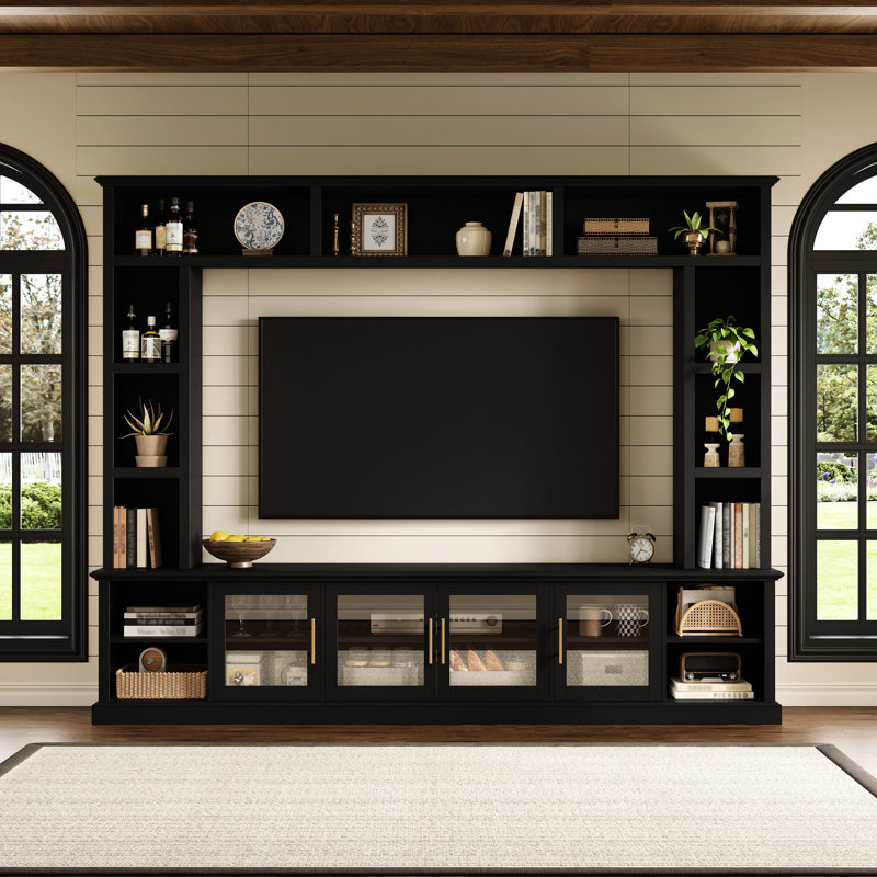 80-Inch Tv Compatible Entertainment Center With Shelving For Books And Snacks In Living Room Console Decor, Black