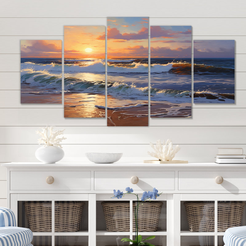 Coucher de soleil au coucher du soleil, plage vibrante, mariage I - plage, reproduction d'art sur toile - 5 panneaux