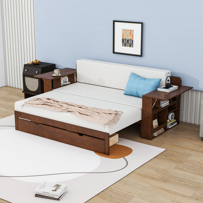 Daybed with Removable Desk, Drawers and Hydraulic Armrest Tables, Espresso, Queen