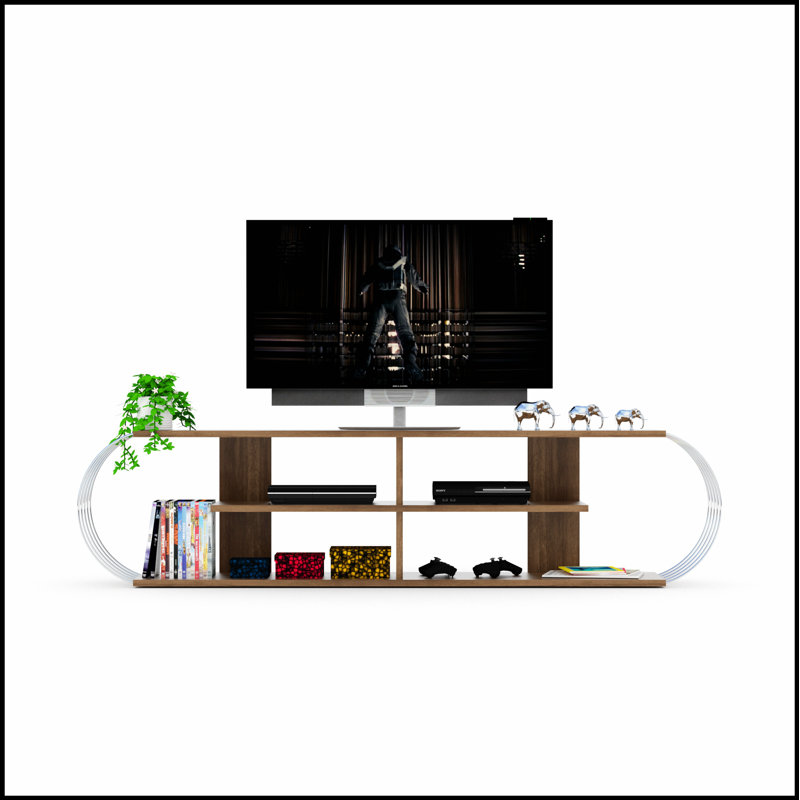 FurnisHome Mid Century Modern TV Stand with 4 Shelves, Open Storage, and Chrome Accents for 68-Inch TVs, Walnut Finish