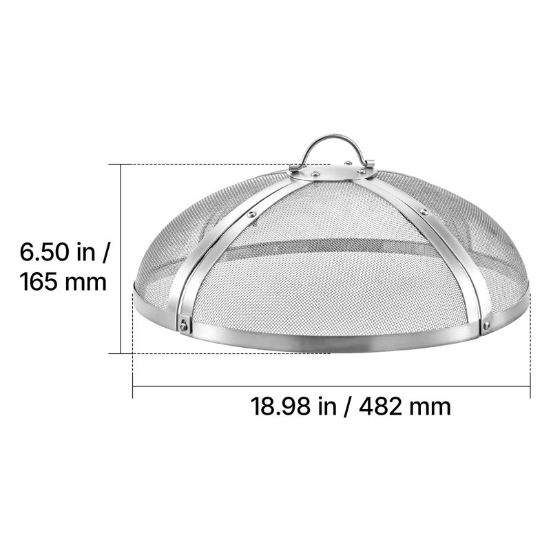 Pare-étincelles pour foyer extérieur, rond, 48 cm (19 pouces), couvercle en maille d'acier inoxydable, idéal pour terrasse, jardin, camping et fêtes. Résistant aux températures élevées, bloque les étincelles, couleur argentée. Poignée et tisonnier inclus.