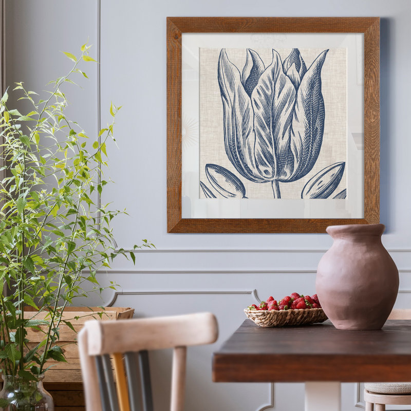 Indigo floral sur lin VI - reproduction encadrée de qualité supérieure - prêt à être accroché - impression encadrée sur papier